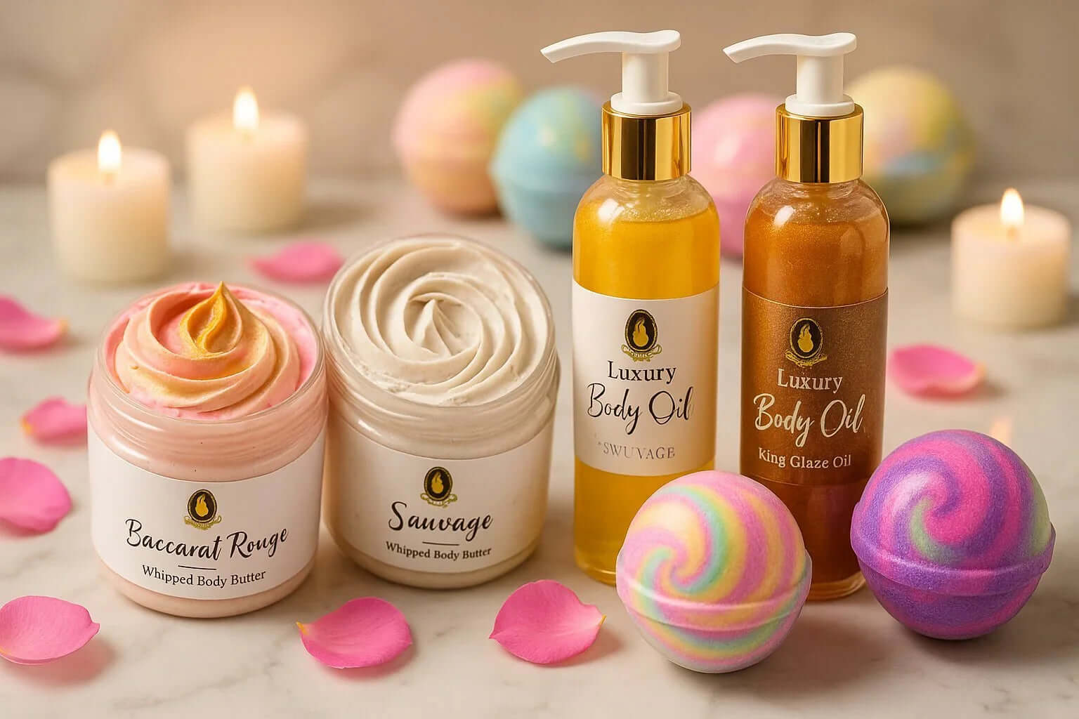 Hygiene Products collection featuring Baccarat Rouge and Sauvage body butters with luxury body oils and bath bombs.