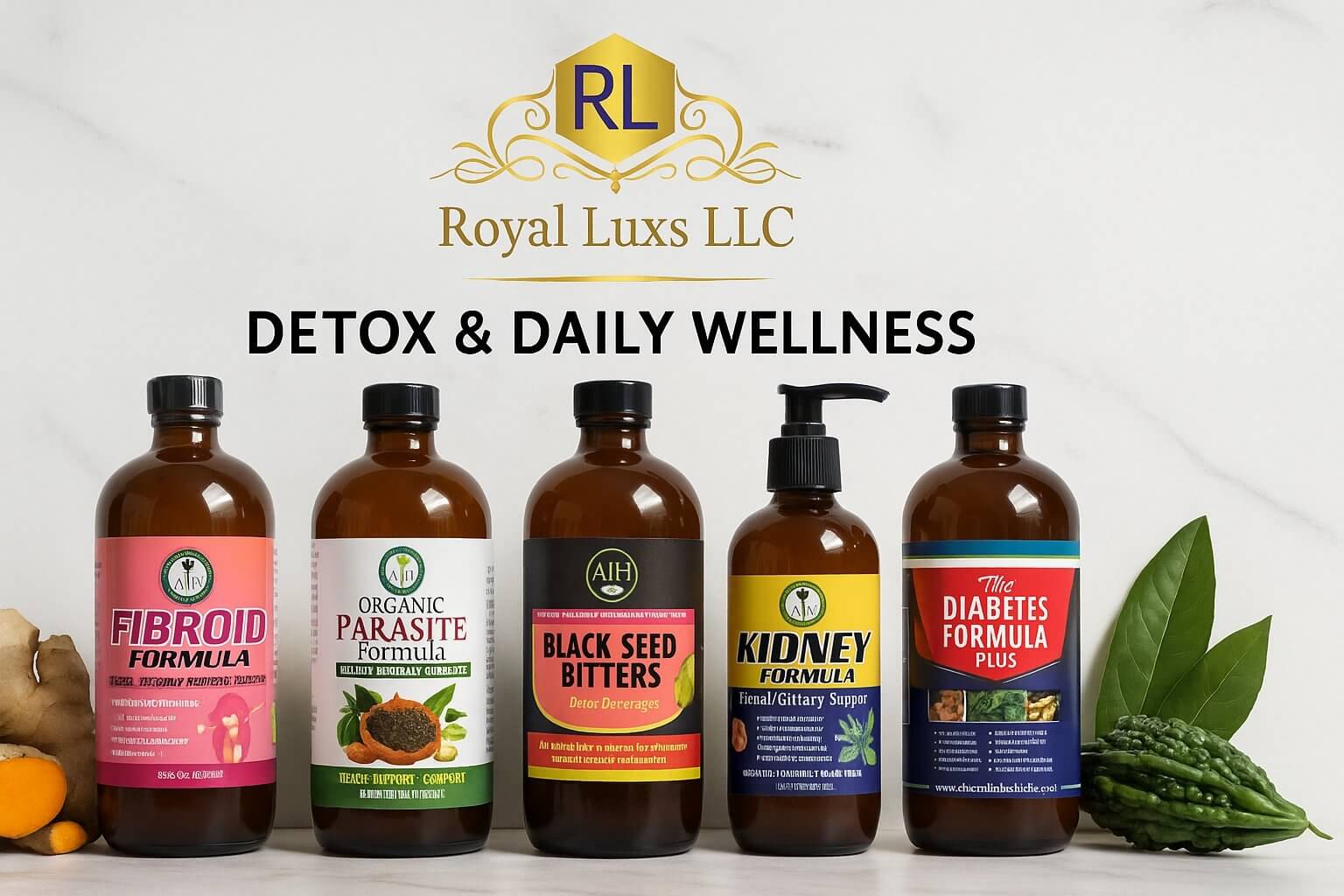 Royal Luxs Herbal Health Improvement Supplements collection of detox and daily wellness bitters bottles