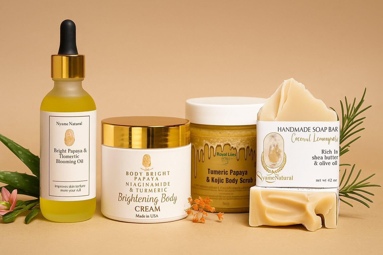 Natural skincare products including brightening body cream, turmeric papaya scrub, blooming oil, and handmade soap bar