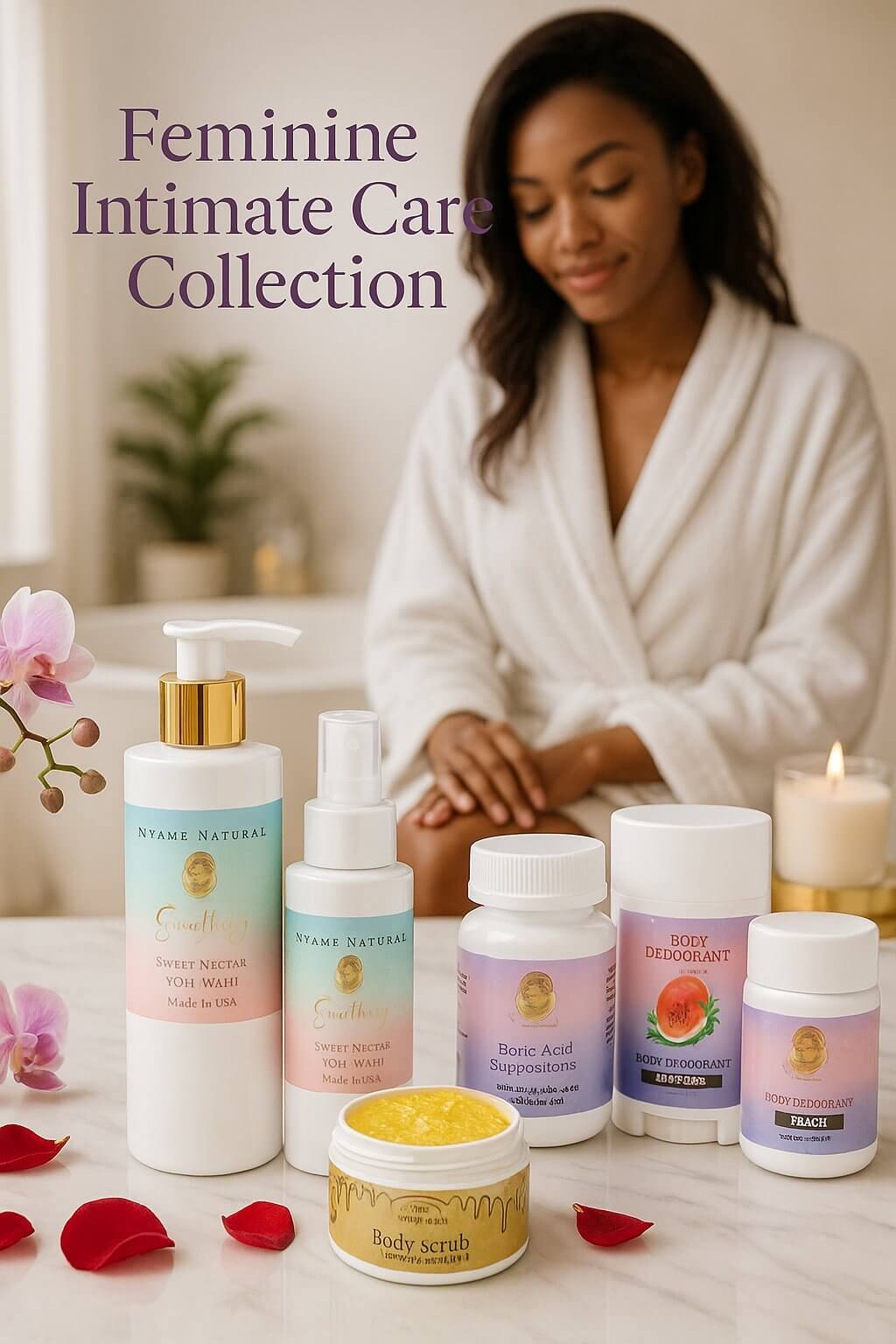Natural women's health products including body wash, scrub, and supplements in a feminine intimate care collection