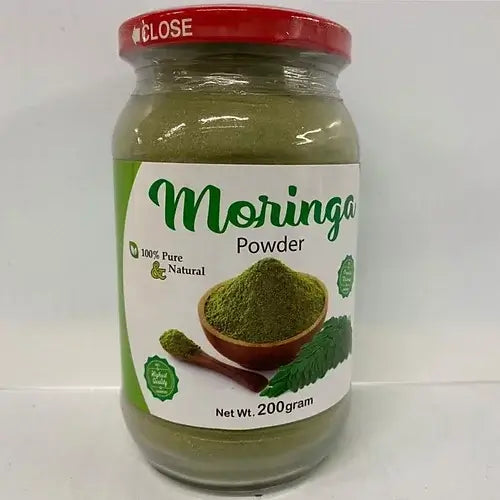 Jar of 100% pure Organic Moringa Powder, 200 grams, labeled as natural and healthy supplement for energy and nutrition.