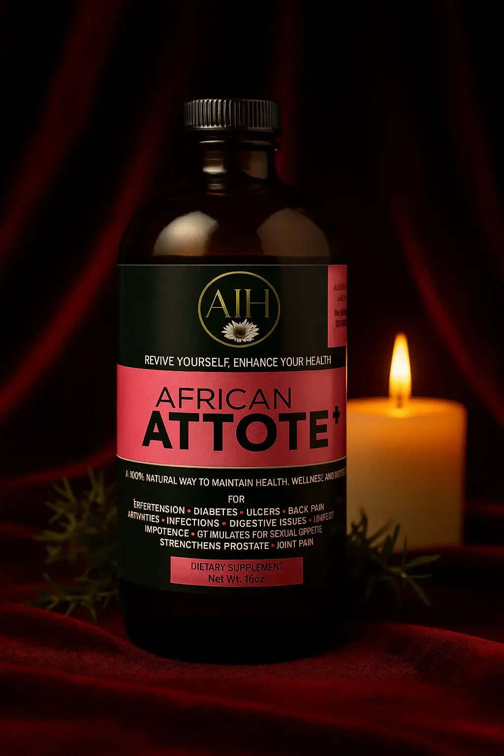 African Attote bitter supplement bottle by RoyalLuxsLLC with health benefits label and candle background