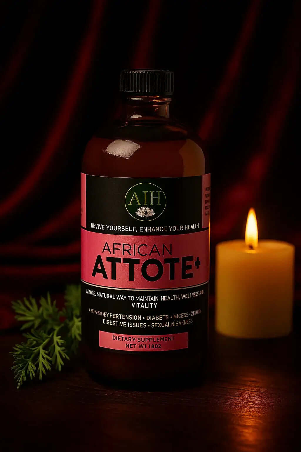 RoyalLuxsLLC African Attote bitter supplement bottle with candle and herbs in background