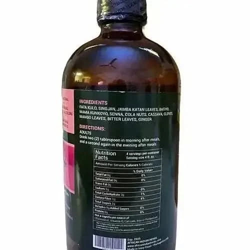 RoyalLuxsLLC African Attote bitter supplement brown bottle showing ingredients and nutrition facts label