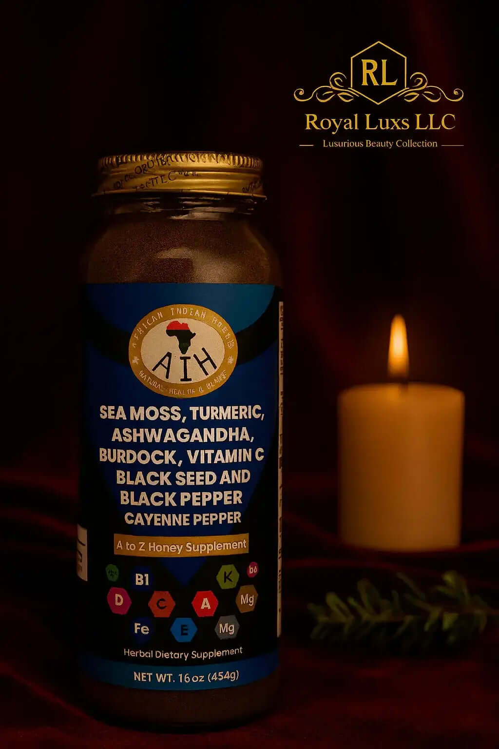 Herbal honey with sea moss and turmeric bottle by RoyalLuxsLLC with natural health supplements label