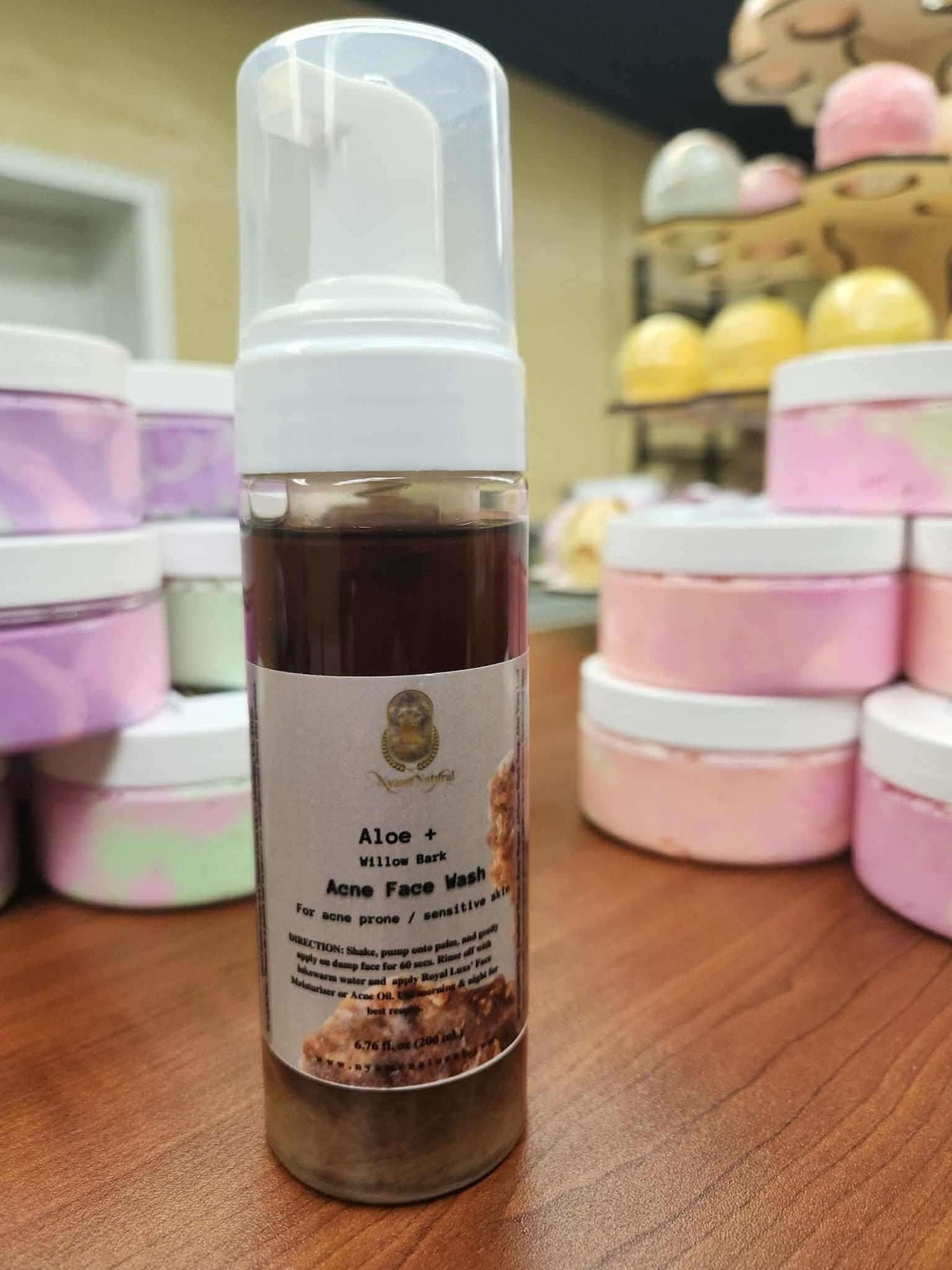 RoyalLuxsLLC aloe willow bark acne face wash in clear pump bottle with natural skincare label