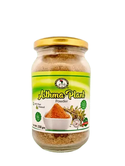 RoyalLuxsLLC Asthma Plant Powder jar with herbal leaf powder for wellness in clear glass container