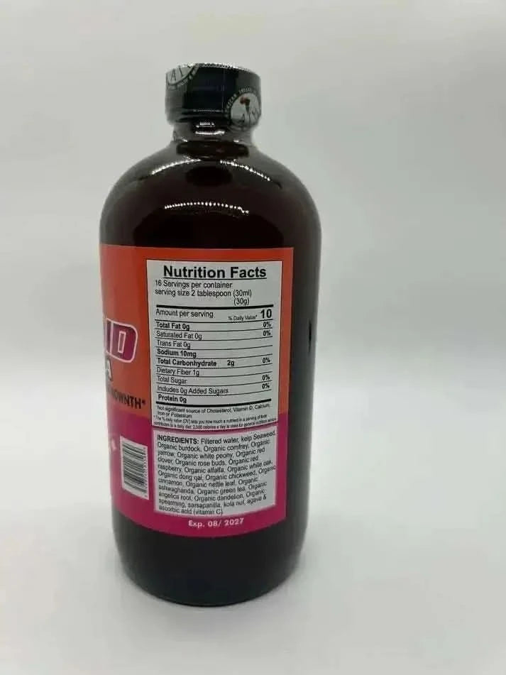 RoyalLuxsLLC herbal fibroid formula brown bottle showing nutrition facts and ingredients label