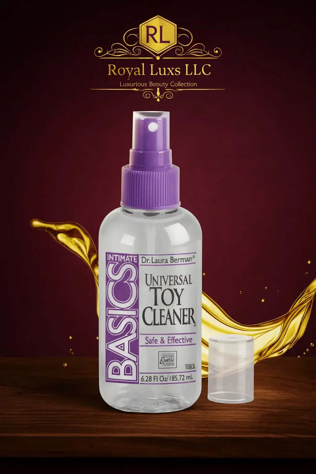 Royal Luxs LLC anti-bacterial toy cleaner spray bottle with purple cap and clear liquid