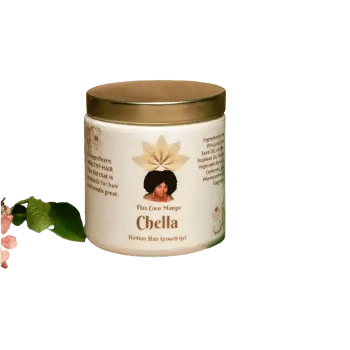 Chella Haitian hair growth balm with flax cocoa mango by RoyalLuxsLLC in white jar with gold lid