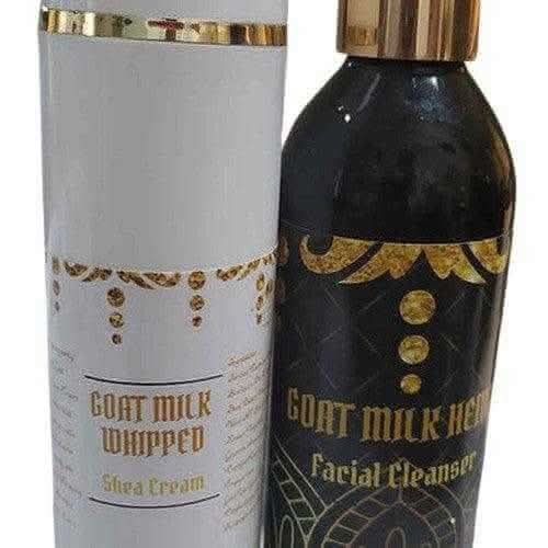 RoyalLuxsLLC goat milk skin care facial cleanser and shea cream in decorative bottles