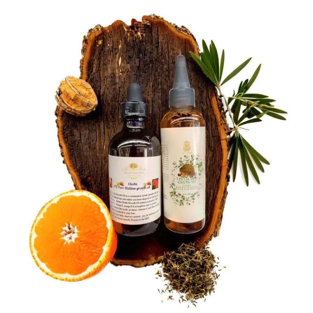 Hair growth duo Chella and 3 in 1 supergrowth bottles with herbs and citrus on a wooden surface.