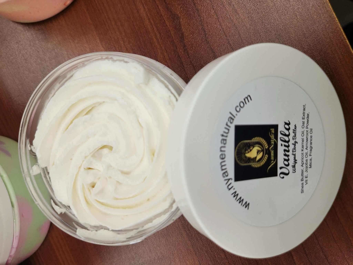 RoyalLuxsLLC vanilla body butter in a clear jar with a white lid showing creamy texture
