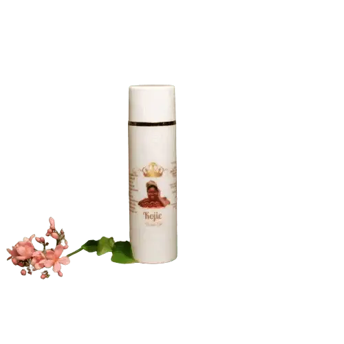 RoyalLuxsLLC kojic acid face wash gel white bottle with floral decoration on black background