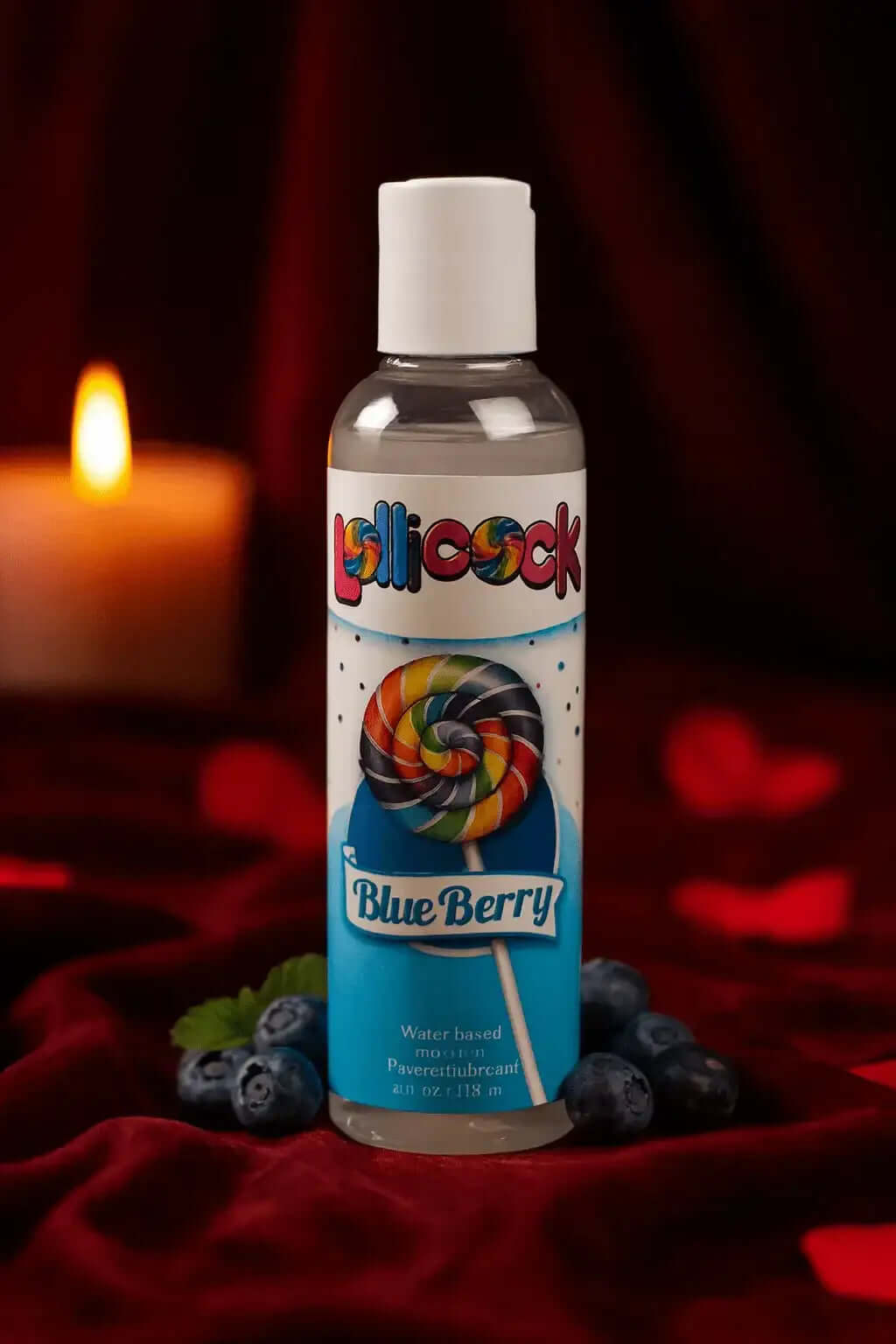 RoyalLuxsLLC blueberry body glide gel with colorful lollipop label and fresh blueberries on red velvet background