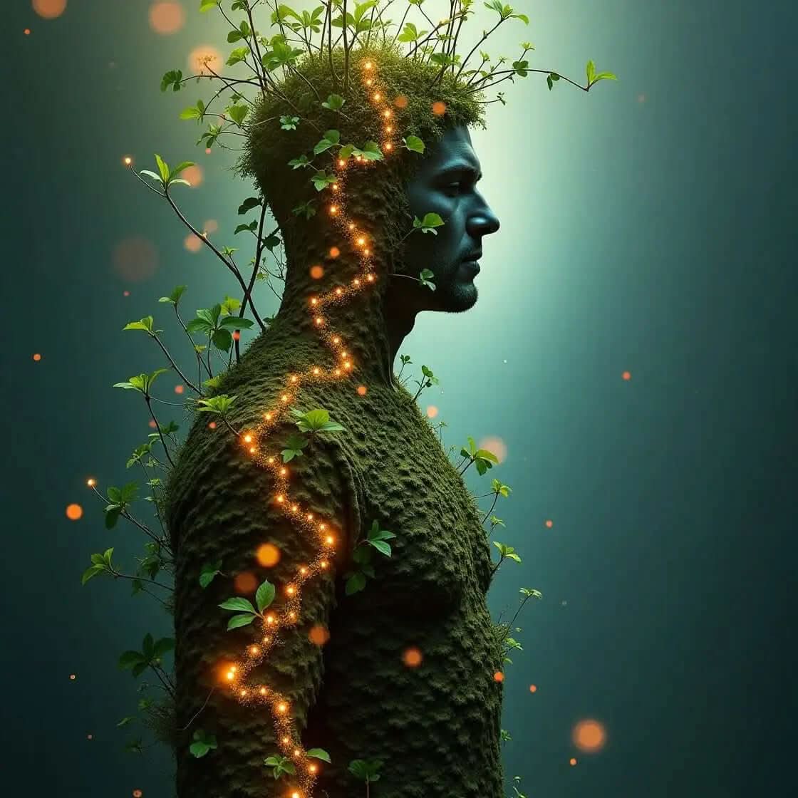 Surreal human figure covered in moss and plants representing the natural herbs guide e-book