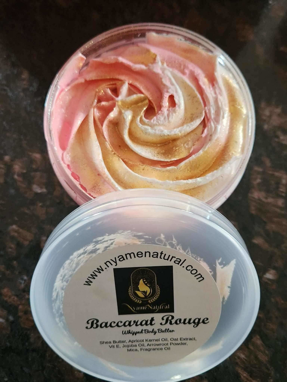 RoyalLuxsLLC baccarat rouge body oil whipped body butter in a clear jar with pink and gold swirls