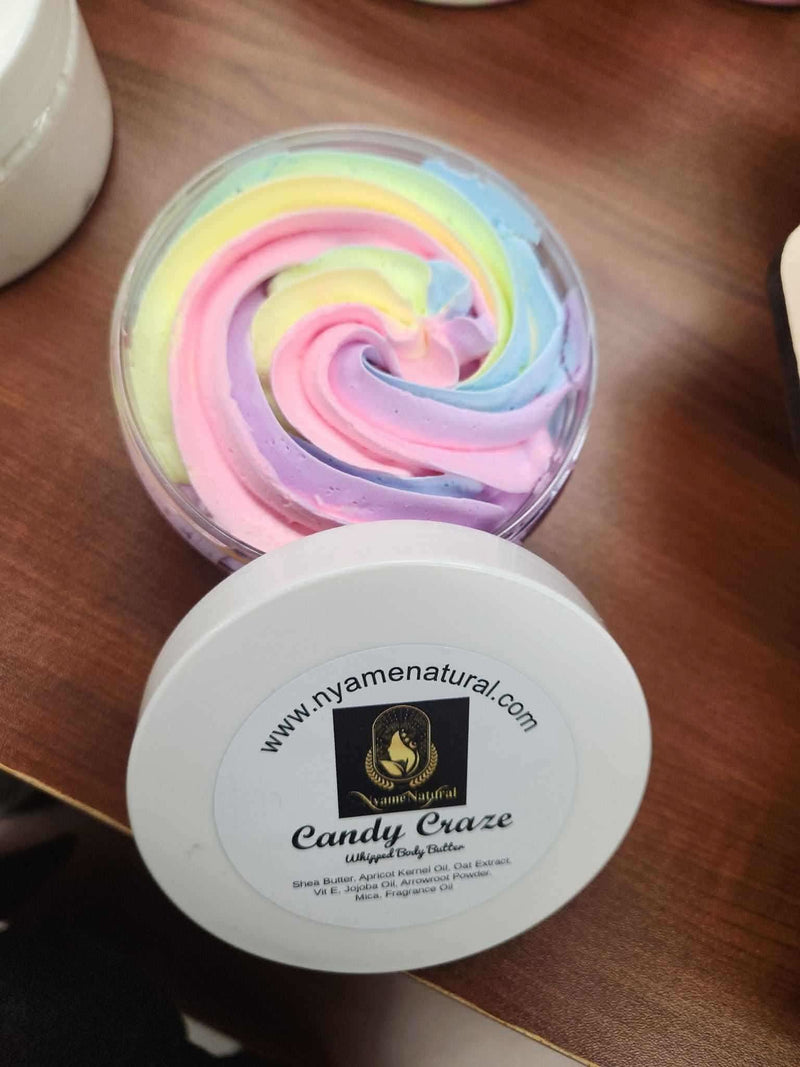 RoyalLuxsLLC natural candy scented body butter in a swirl of pastel colors in a clear jar