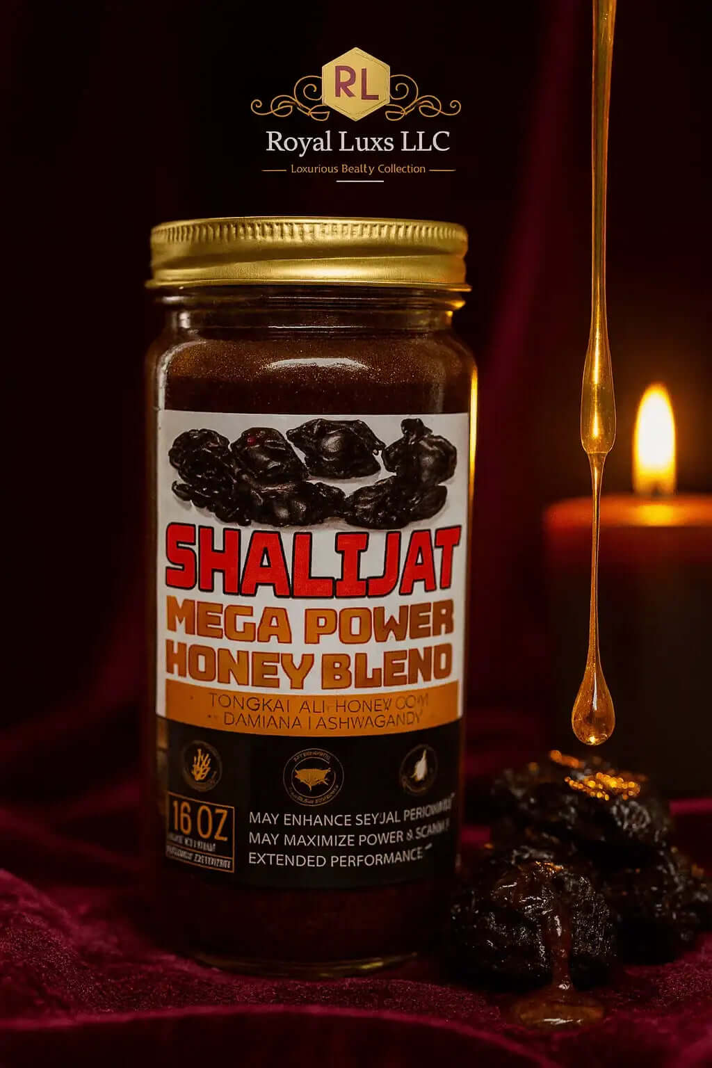 Royal Luxs LLC pure Himalayan Shilajit honey 16 oz jar with honey blend and dark resin pieces
