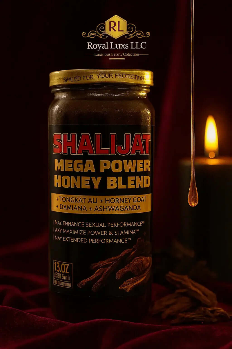 RoyalLuxsLLC pure Himalayan Shilajit honey Mega Power Honey Blend jar with natural ingredients on dark background
