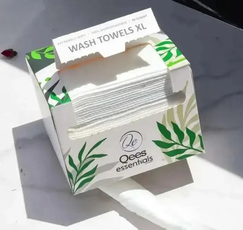 Box of biodegradable face towels XL by RoyalLuxsLLC with green leaf design on white packaging