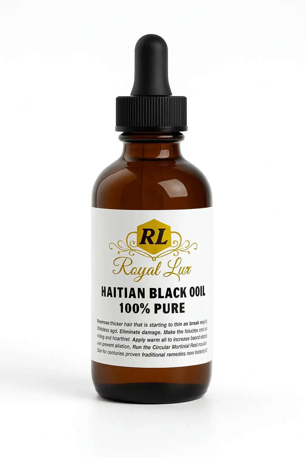 RoyalLuxsLLC 100% pure Haitian black castor oil in amber dropper bottle for hair and skin care