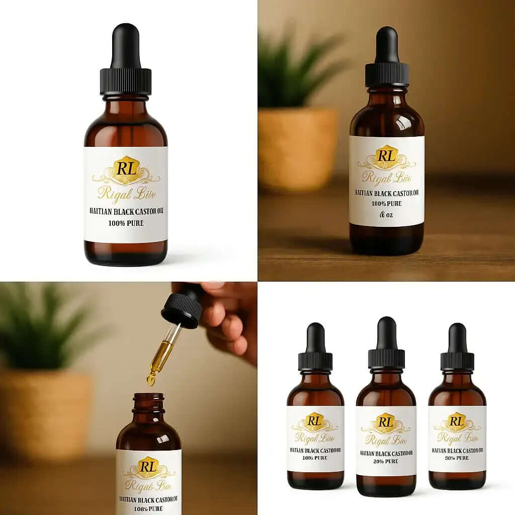 RoyalLuxsLLC 100% pure Haitian black castor oil in brown dropper bottles with close-up of dropper dispensing oil