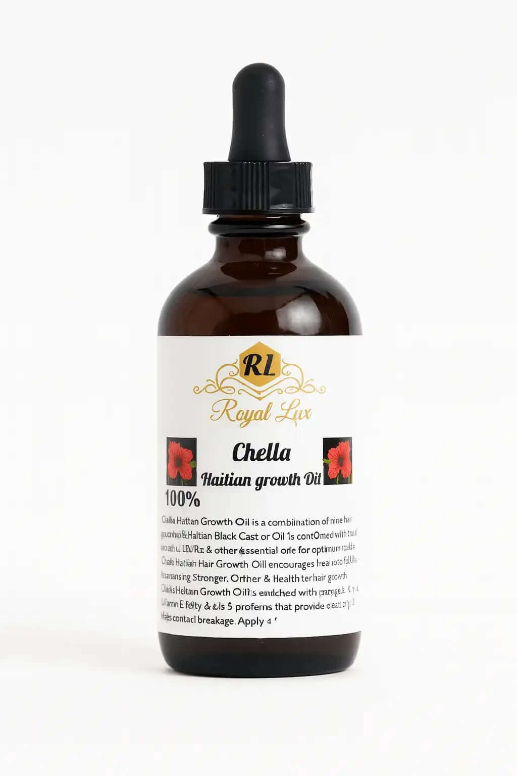 RoyalLuxsLLC Chella Haitian hair growth oil in brown glass bottle with dropper for healthy hair