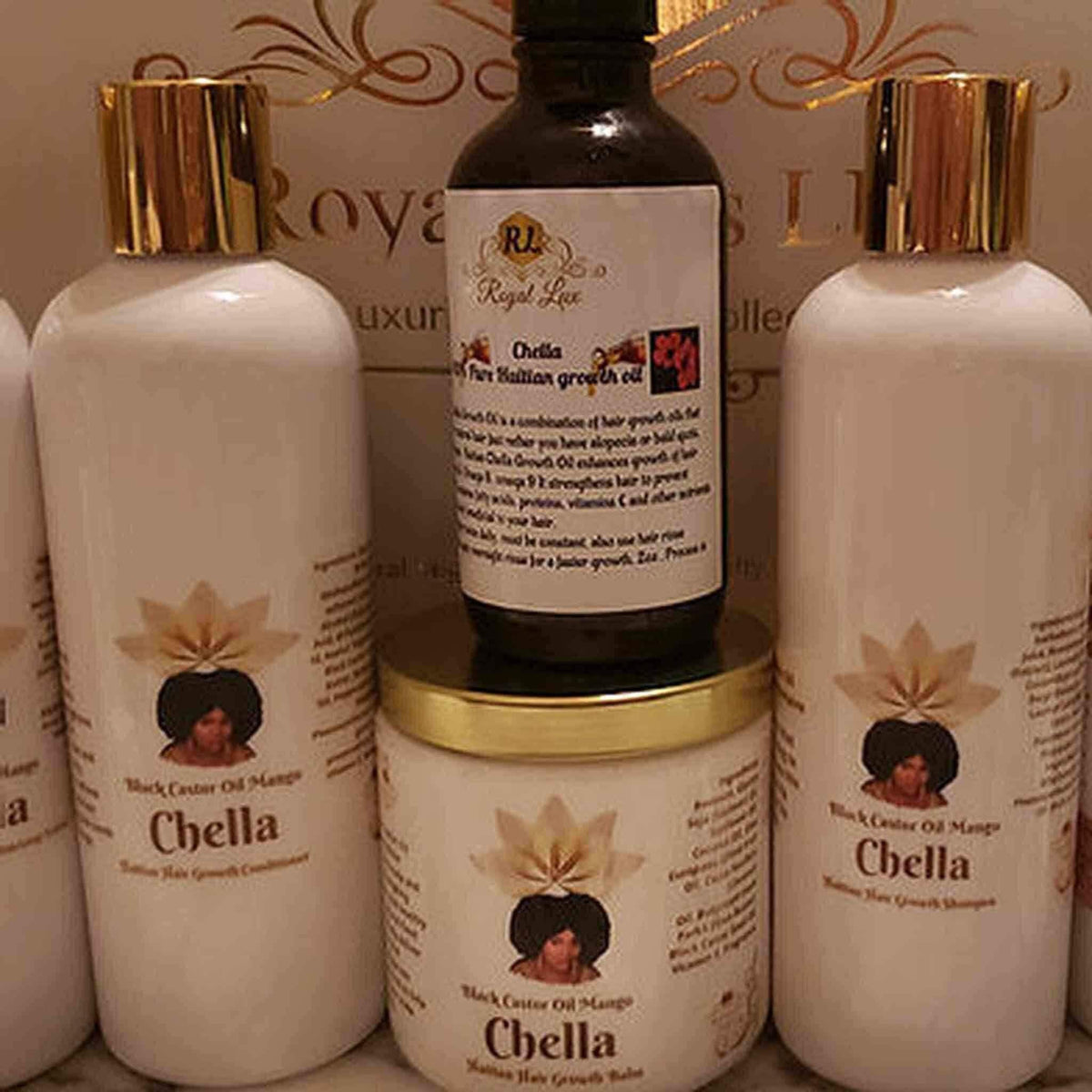 RoyalLuxsLLC herbal hair growth set featuring Chella black castor oil mango products in white bottles and jar with gold caps