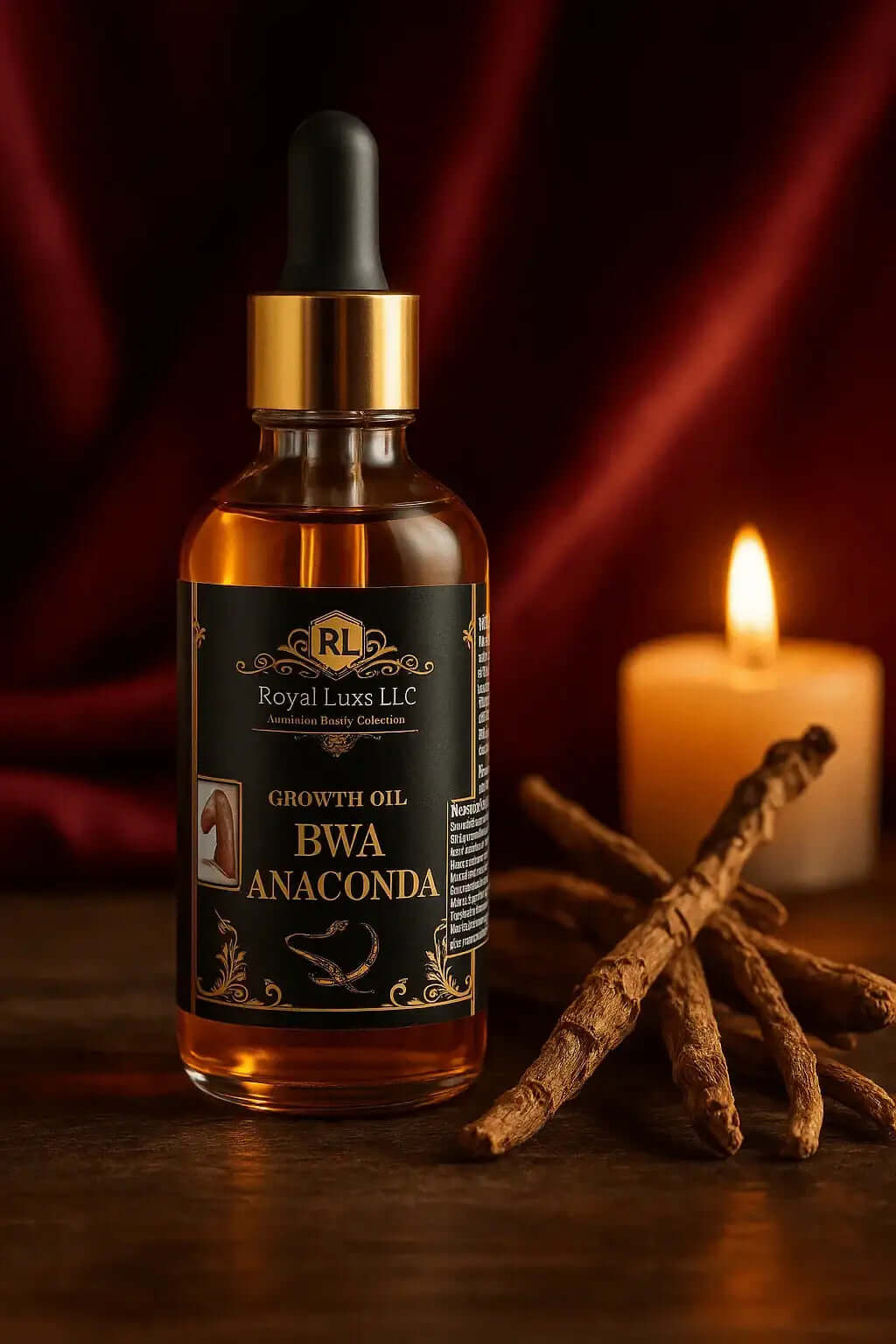 Royal Luxs LLC African Bwa Anaconda Oil growth oil bottle with dropper and natural sticks on wooden surface