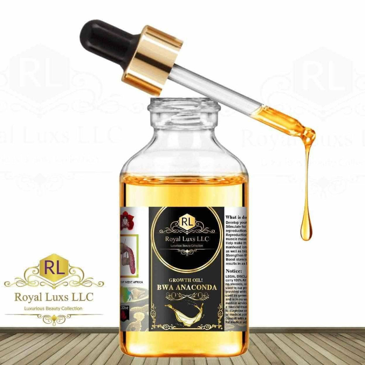 RoyalLuxsLLC African Bwa Anaconda Oil growth oil bottle with dropper releasing golden oil drop