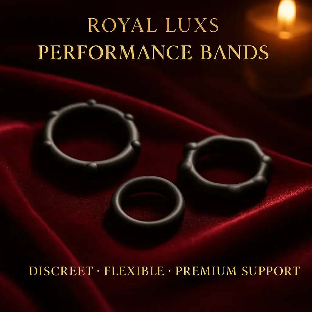 RoyalLuxsLLC black silicone wellness rings performance bands on red velvet background