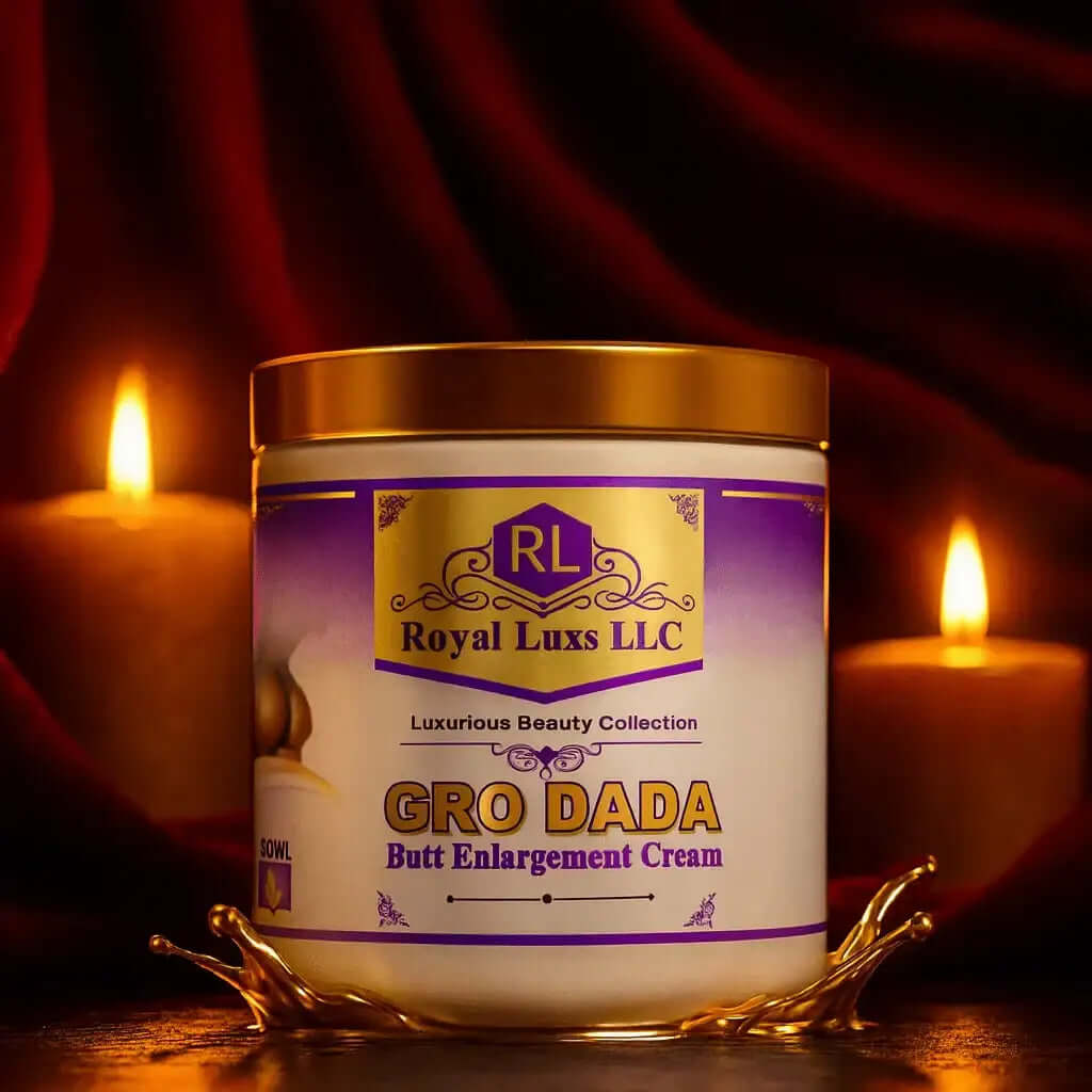 RoyalLuxsLLC Gro Dada butt enlargement cream in a gold-lidded jar with luxurious beauty branding