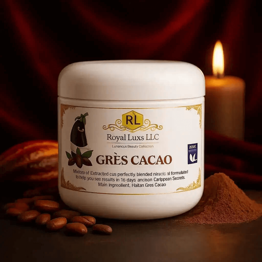 RoyalLuxsLLC Haitian Gres cacao ointment jar with cocoa beans and powder on dark background