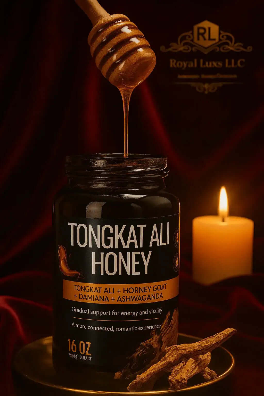 Jar of herbal energy honey Tongkat Ali Honey with honey dipper dripping honey and candle in background