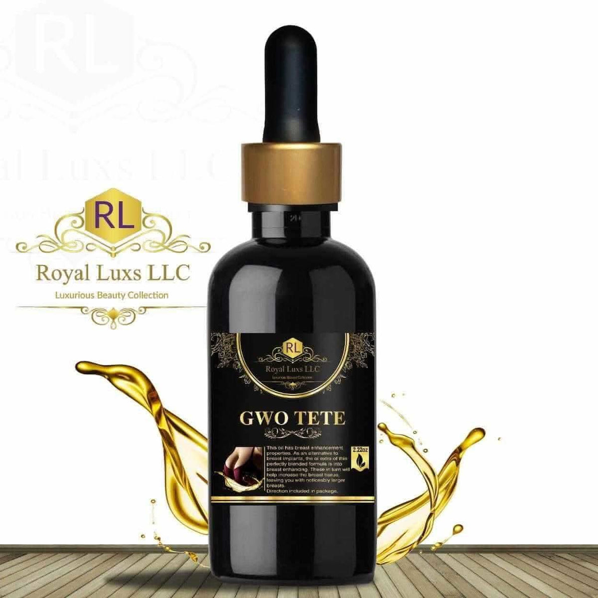 Royal Luxs LLC GWO TETE herbal hair growth oil in black dropper bottle with gold accents