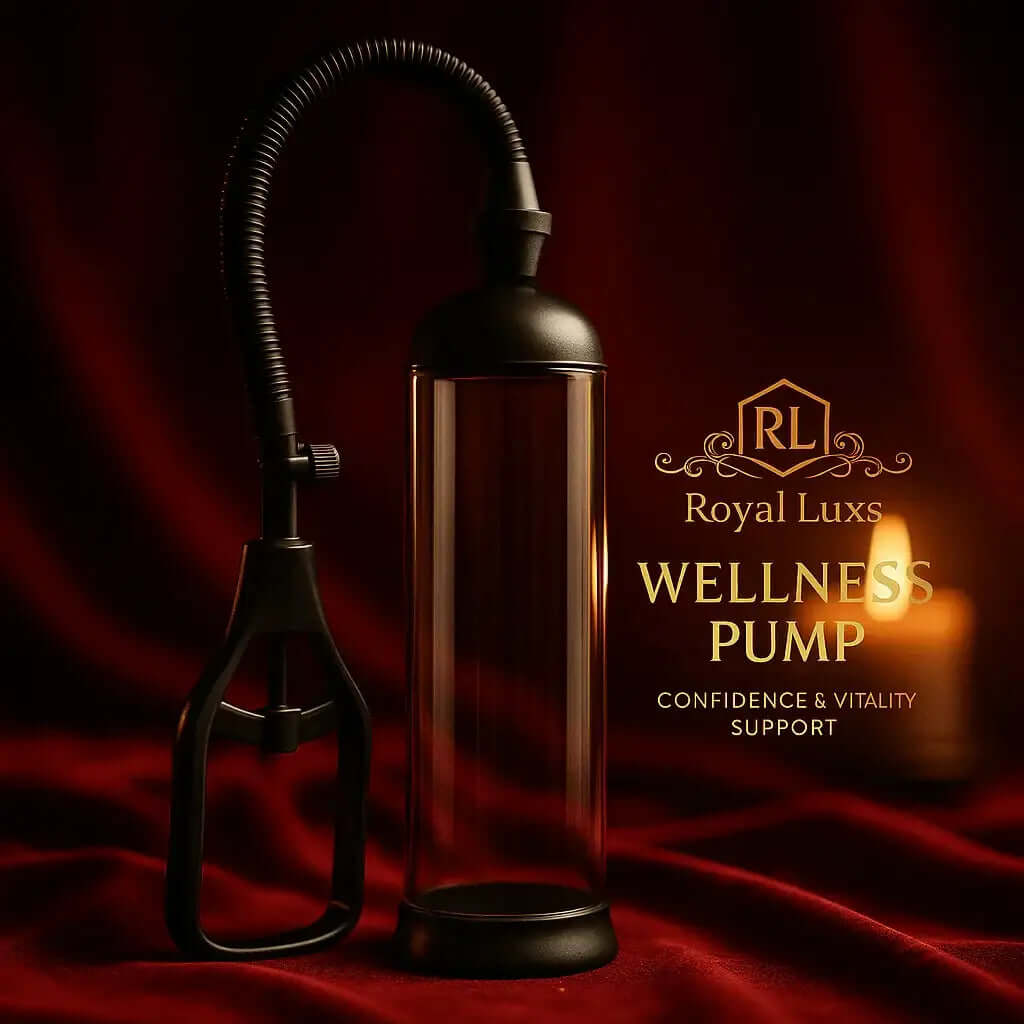 RoyalLuxsLLC herbal wellness pump with black handle and flexible tube on red velvet background