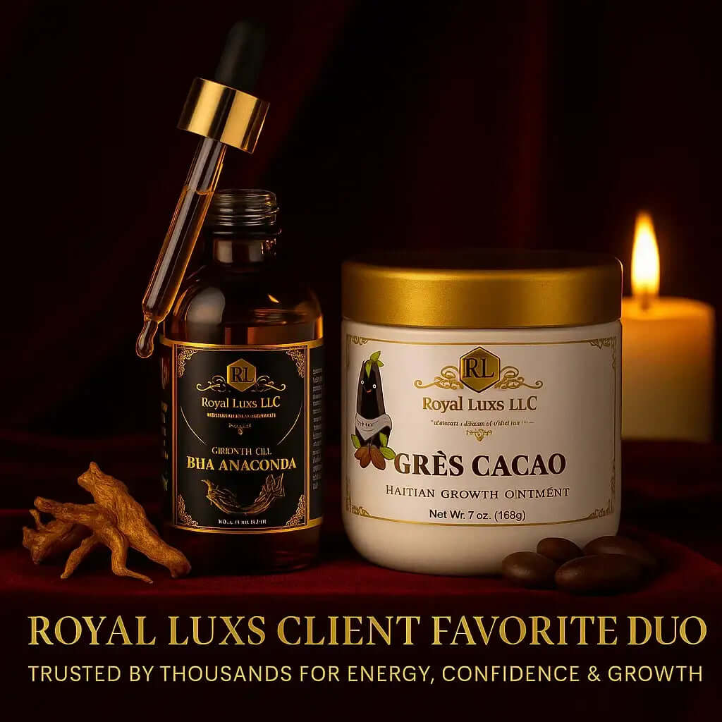 RoyalLuxsLLC herbal wellness set for energy featuring BHA Anaconda growth oil and Gres Cacao ointment with candle
