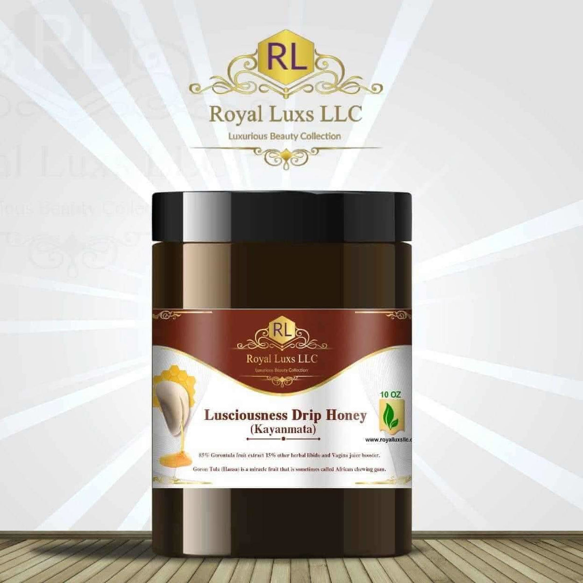 RoyalLuxsLLC Lusciousness Drip Honey 10 oz jar labeled kayanmata honey for women