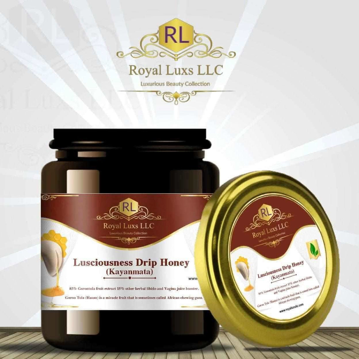 RoyalLuxsLLC Lusciousness Drip Honey kayanmata honey for women in a dark jar with gold lid