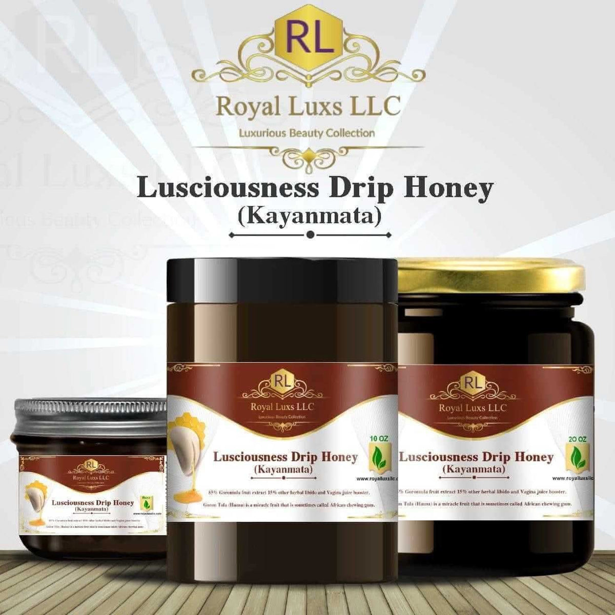 RoyalLuxsLLC Lusciousness Drip Honey Kayanmata in three jars showcasing kayanmata honey for women
