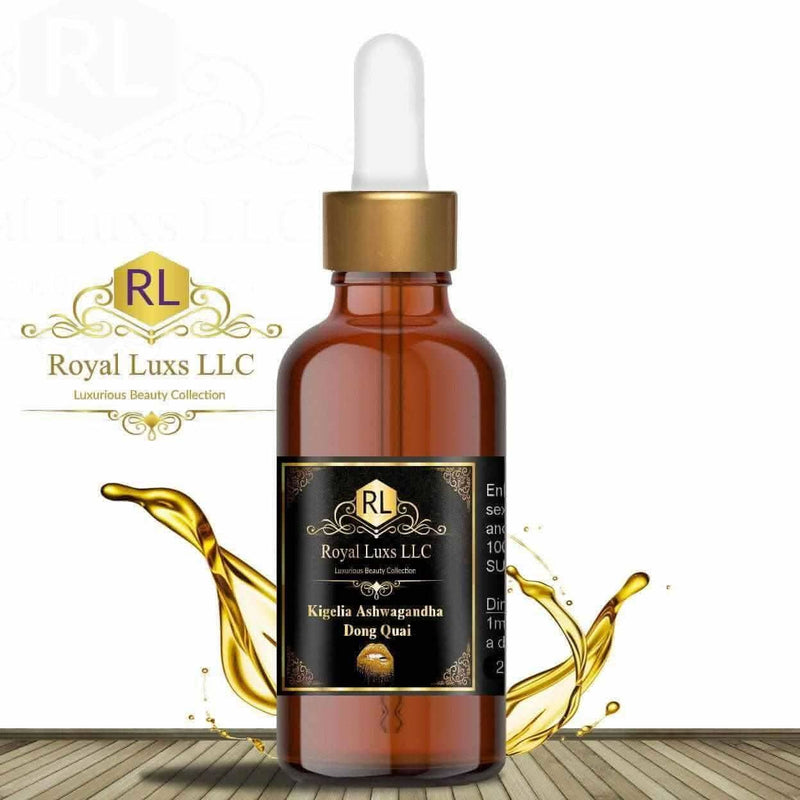 Royal Luxs LLC Kigelia Ashwagandha Dong Quai drops in amber glass bottle with dropper