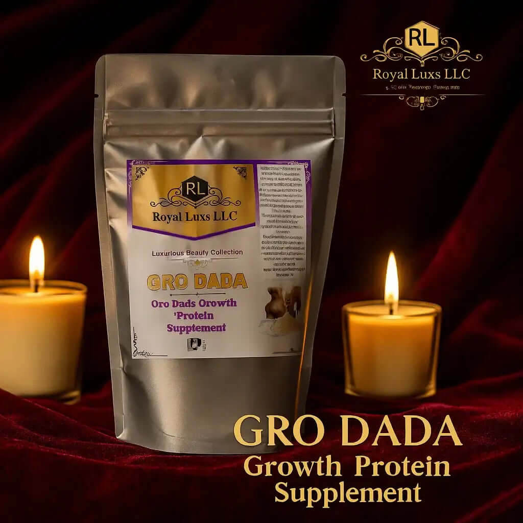 RoyalLuxsLLC Gro Dada Growth Protein Supplement in metallic pouch with candles botanical self-care kit