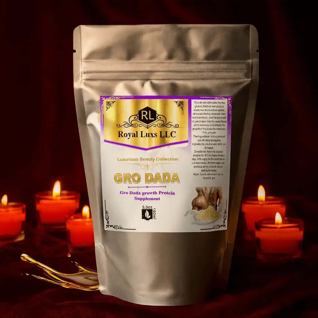 RoyalLuxsLLC Gro Dada protein supplement pouch with candles in background botanical self-care kit