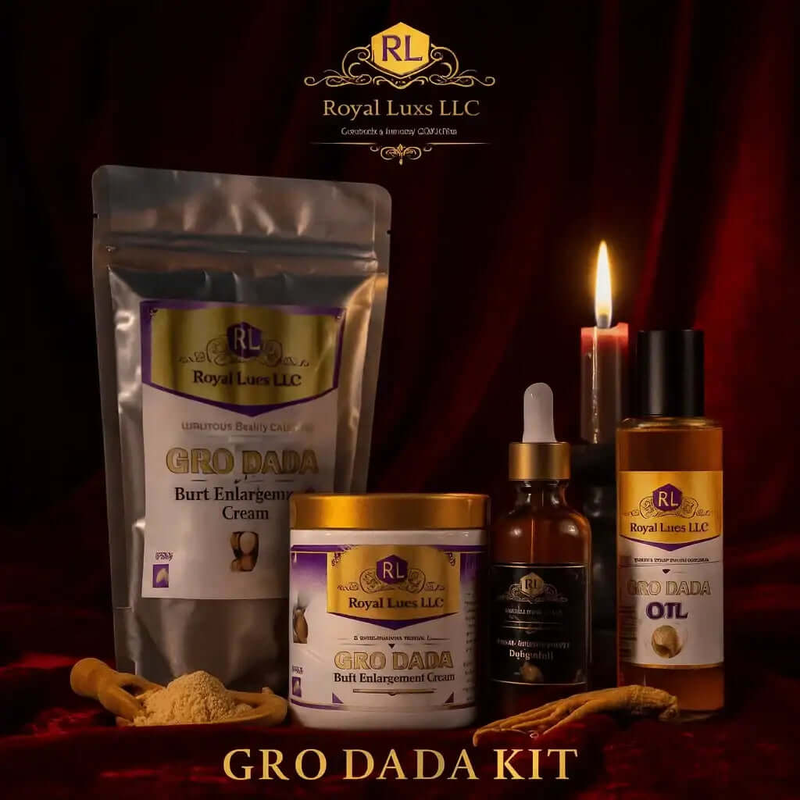RoyalLuxsLLC Gro Dada Kit with botanical self-care kit featuring cream, oil, and serum on dark background
