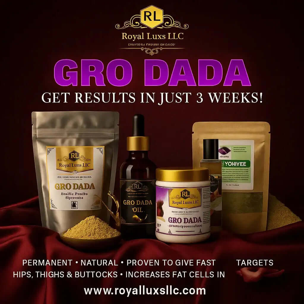 RoyalLuxsLLC botanical self-care kit including Gro Dada oil, powder, and cream for natural body enhancement