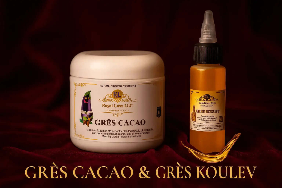 RoyalLuxsLLC herbal body oil set with Grès Cacao cream jar and Grès Koulev oil bottle on dark background