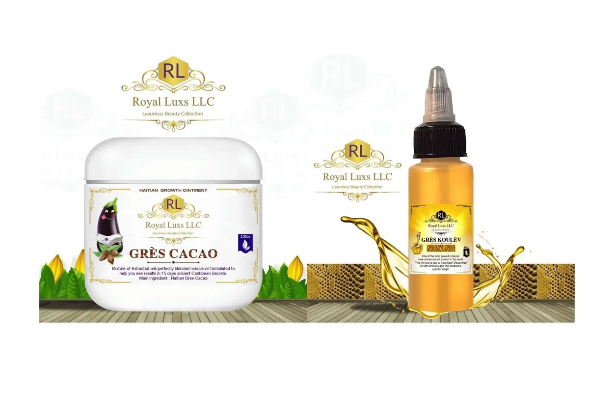 RoyalLuxsLLC herbal body oil set with cacao butter cream and nourishing oil in clear bottles