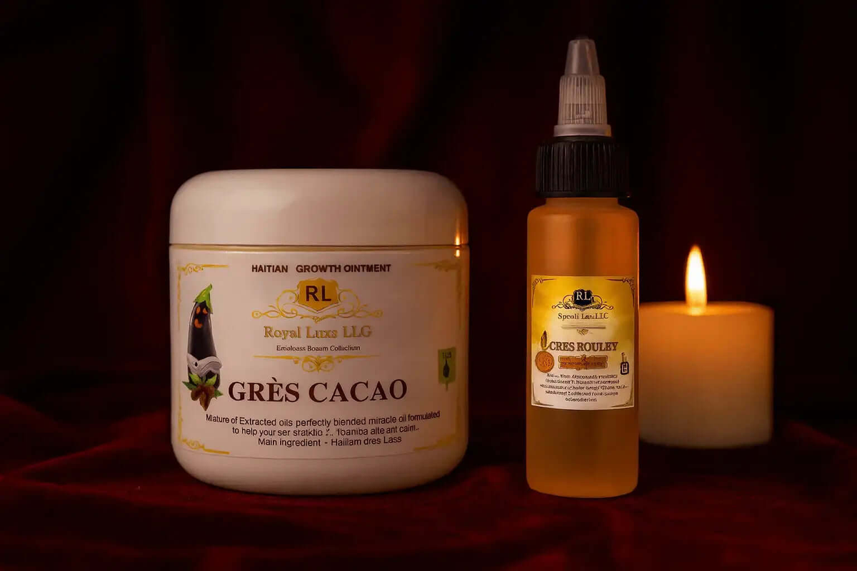 RoyalLuxsLLC herbal body oil set with Grès Cacao growth ointment and oil bottle beside lit candle