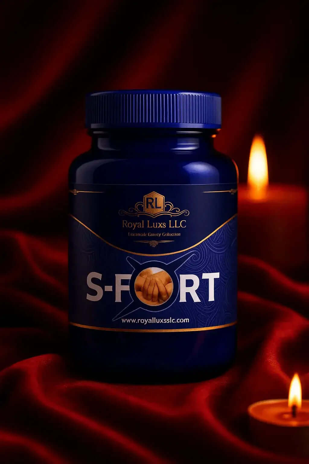 RoyalLuxsLLC S-FORT male enhancement herbal energy support capsules in blue bottle with candles
